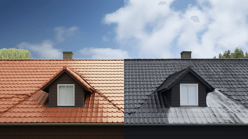 Dirty roof and clean roof in Fernandina Beach. The difference between hiring a professional and DIY a roof cleaning
